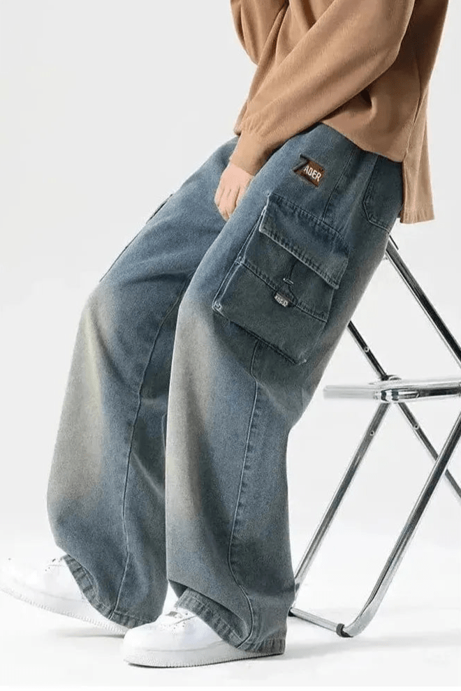 Jean Cargo Bleu Délavé Large Tendance Pour Homme - Cargonomix